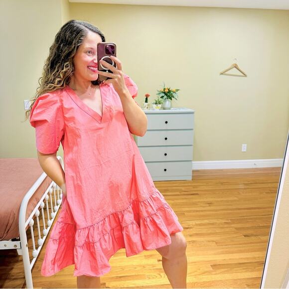 NWT Tuckernuck Karlie Hot Pink Cotton Poplin V Neck Mini Dress Medium - Picture 1 of 14